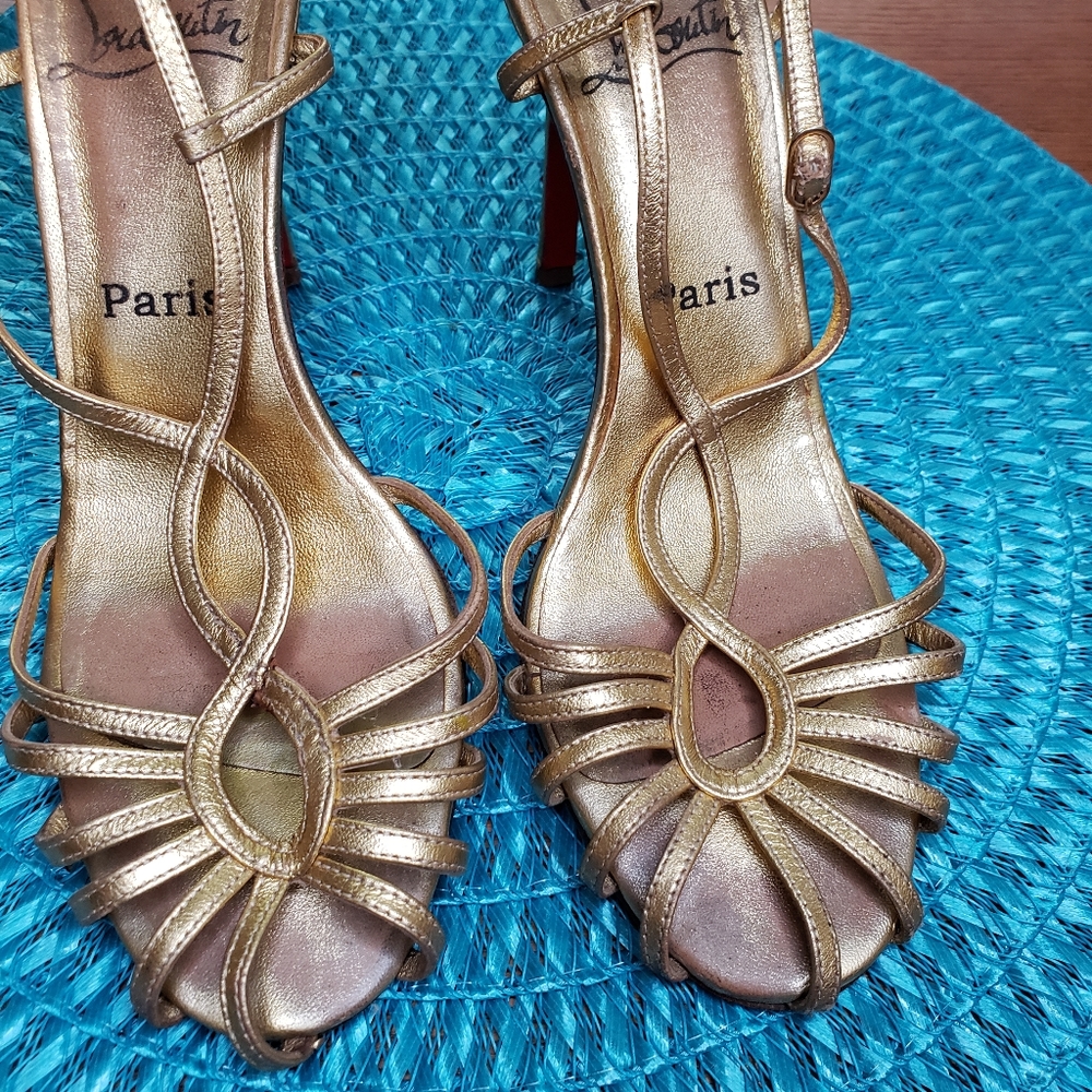 Christian Louboutin Gold Strap Sandal Heels - Picture 2 of 6